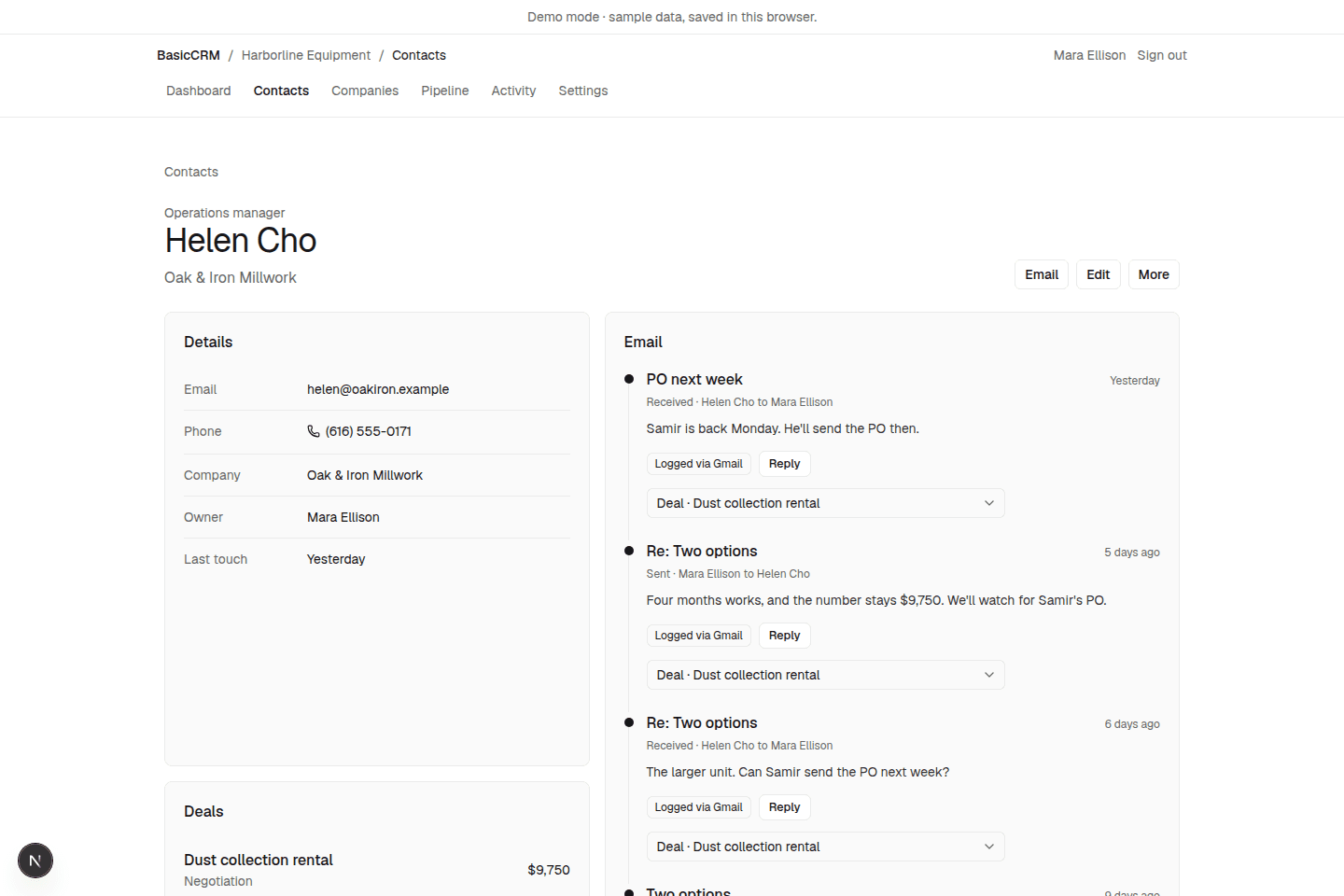 A sample contact in BasicCRM with recent email and a next step